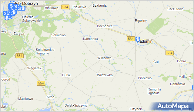 mapa Wilczewo gmina Radomin, Wilczewo gmina Radomin na mapie Targeo