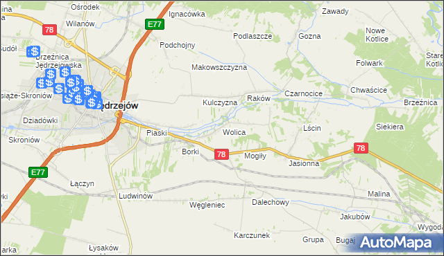mapa Wolica gmina Jędrzejów, Wolica gmina Jędrzejów na mapie Targeo