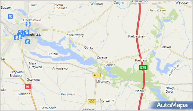 mapa Zalesie gmina Chełmża, Zalesie gmina Chełmża na mapie Targeo