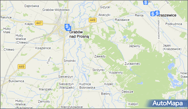 mapa Zawady gmina Grabów nad Prosną, Zawady gmina Grabów nad Prosną na mapie Targeo