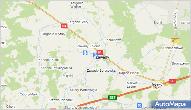 mapa Zawady powiat białostocki, Zawady powiat białostocki na mapie Targeo