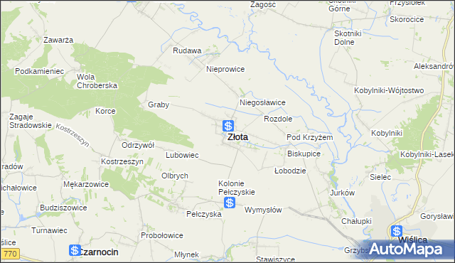 mapa Złota powiat pińczowski, Złota powiat pińczowski na mapie Targeo