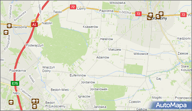 mapa Adamów gmina Brzeziny, Adamów gmina Brzeziny na mapie Targeo