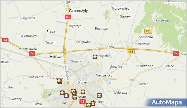 mapa Bieniądzice, Bieniądzice na mapie Targeo