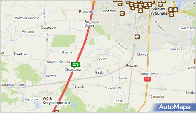 mapa Bujny gmina Wola Krzysztoporska, Bujny gmina Wola Krzysztoporska na mapie Targeo