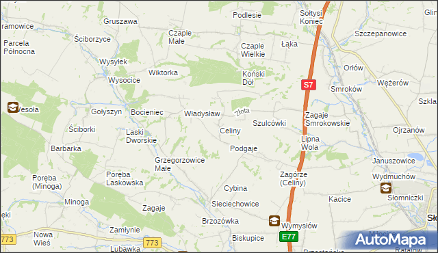 mapa Celiny gmina Iwanowice, Celiny gmina Iwanowice na mapie Targeo