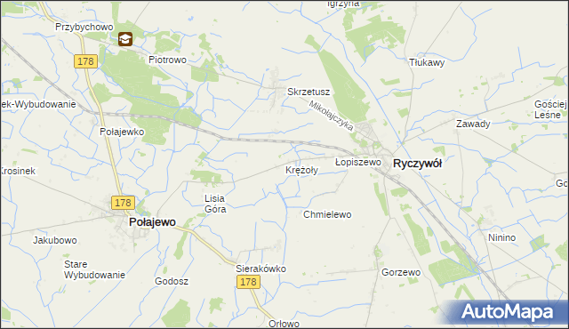 mapa Krężoły gmina Ryczywół, Krężoły gmina Ryczywół na mapie Targeo