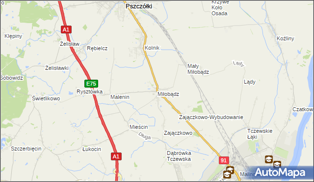 mapa Miłobądz gmina Tczew, Miłobądz gmina Tczew na mapie Targeo