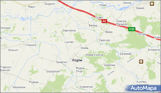 mapa Modła gmina Rzgów, Modła gmina Rzgów na mapie Targeo