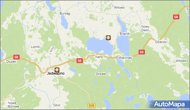 mapa Narty gmina Jedwabno, Narty gmina Jedwabno na mapie Targeo