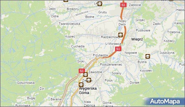 mapa Przybędza, Przybędza na mapie Targeo