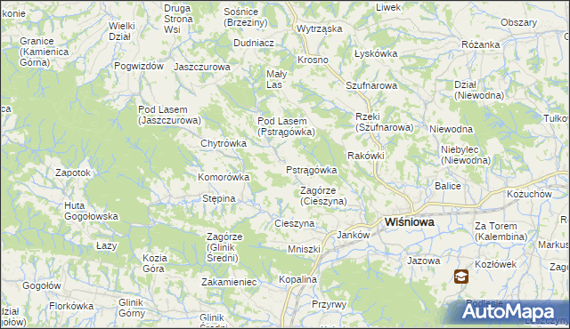 mapa Pstrągówka gmina Wiśniowa, Pstrągówka gmina Wiśniowa na mapie Targeo