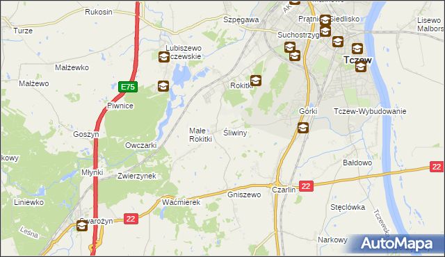 mapa Śliwiny gmina Tczew, Śliwiny gmina Tczew na mapie Targeo