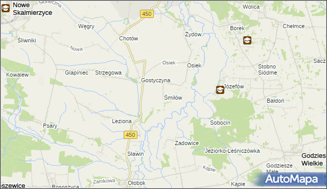 mapa Śmiłów gmina Nowe Skalmierzyce, Śmiłów gmina Nowe Skalmierzyce na mapie Targeo