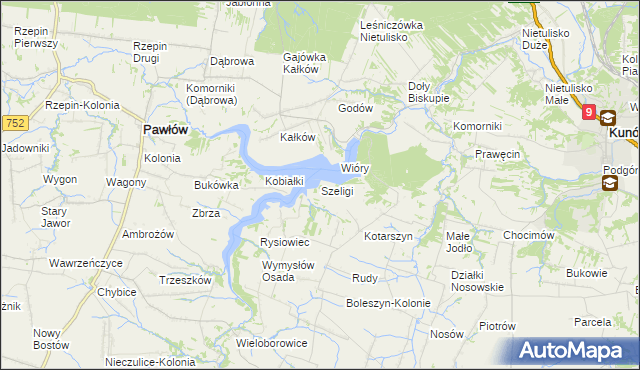mapa Szeligi gmina Pawłów, Szeligi gmina Pawłów na mapie Targeo