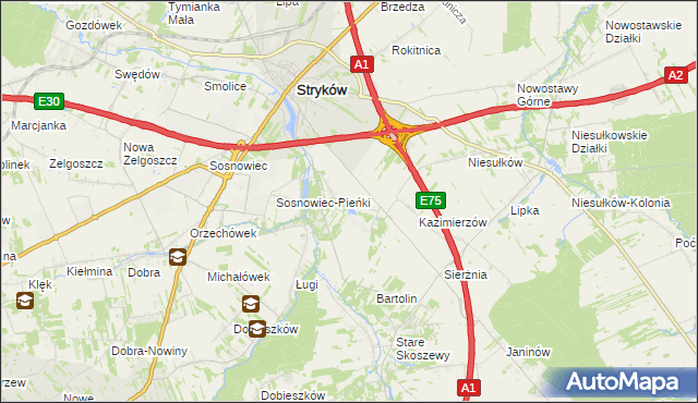 mapa Warszewice gmina Stryków, Warszewice gmina Stryków na mapie Targeo