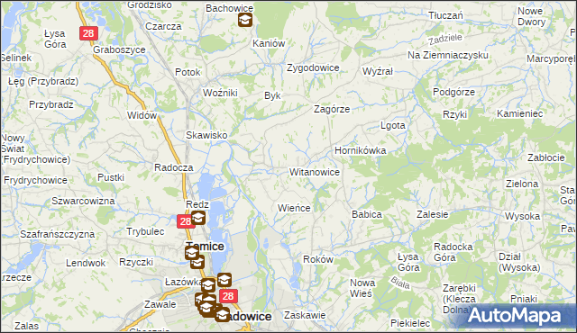 mapa Witanowice gmina Tomice, Witanowice gmina Tomice na mapie Targeo