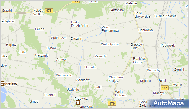 mapa Zawady gmina Zadzim, Zawady gmina Zadzim na mapie Targeo