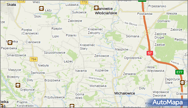 mapa Żerkowice gmina Iwanowice, Żerkowice gmina Iwanowice na mapie Targeo