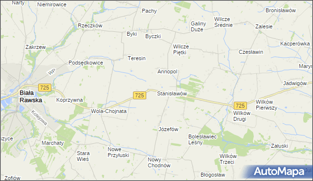 mapa Stanisławów gmina Biała Rawska, Stanisławów gmina Biała Rawska na mapie Targeo