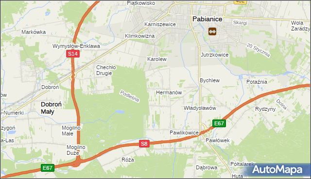 mapa Hermanów gmina Pabianice, Hermanów gmina Pabianice na mapie Targeo