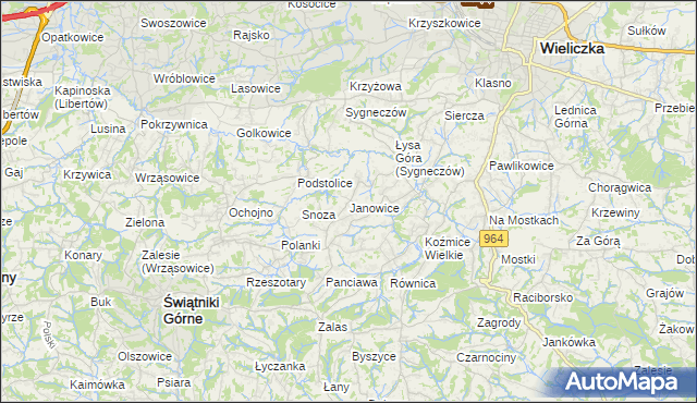 mapa Janowice gmina Wieliczka, Janowice gmina Wieliczka na mapie Targeo