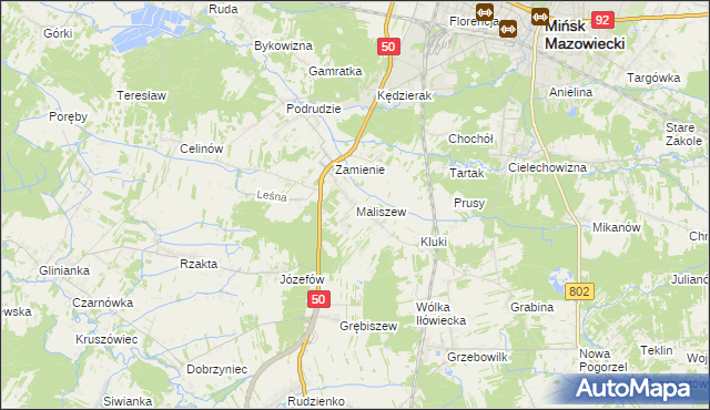mapa Maliszew gmina Mińsk Mazowiecki, Maliszew gmina Mińsk Mazowiecki na mapie Targeo