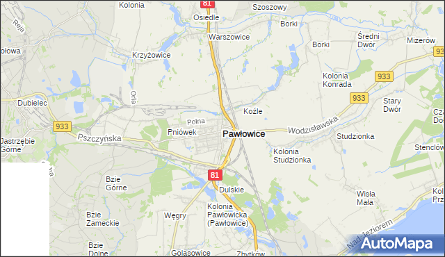 mapa Pawłowice powiat pszczyński, Pawłowice powiat pszczyński na mapie Targeo