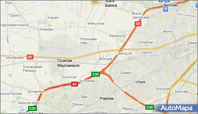 mapa Bronisze gmina Ożarów Mazowiecki, Bronisze gmina Ożarów Mazowiecki na mapie Targeo