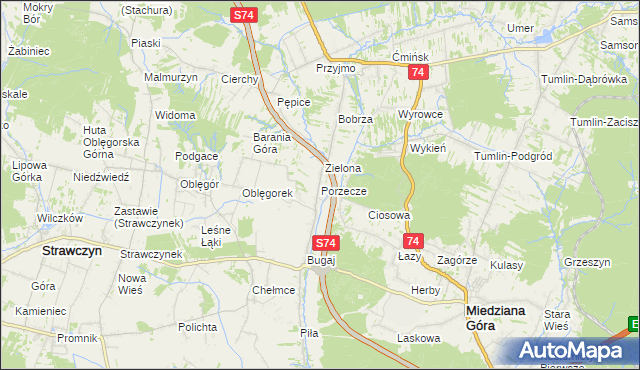 mapa Porzecze gmina Miedziana Góra, Porzecze gmina Miedziana Góra na mapie Targeo
