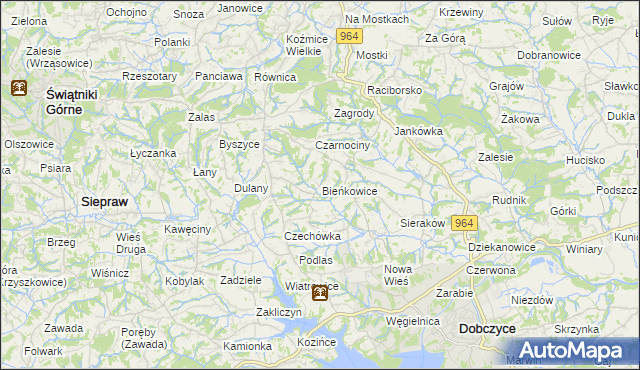 mapa Bieńkowice gmina Dobczyce, Bieńkowice gmina Dobczyce na mapie Targeo