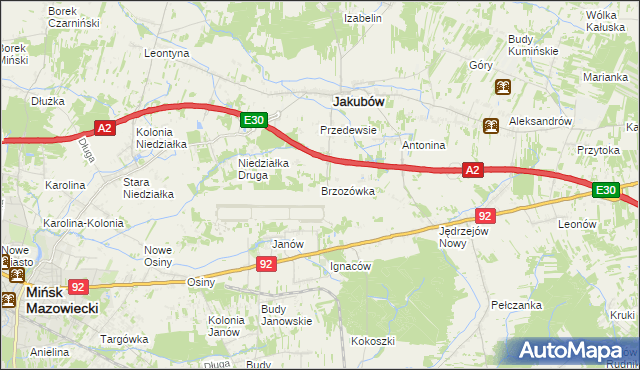 mapa Brzozówka gmina Jakubów, Brzozówka gmina Jakubów na mapie Targeo