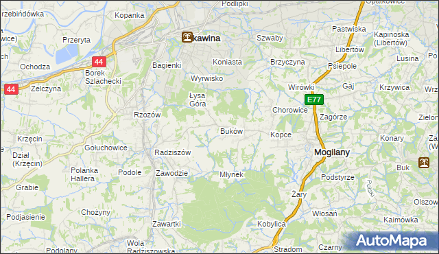 mapa Buków gmina Mogilany, Buków gmina Mogilany na mapie Targeo