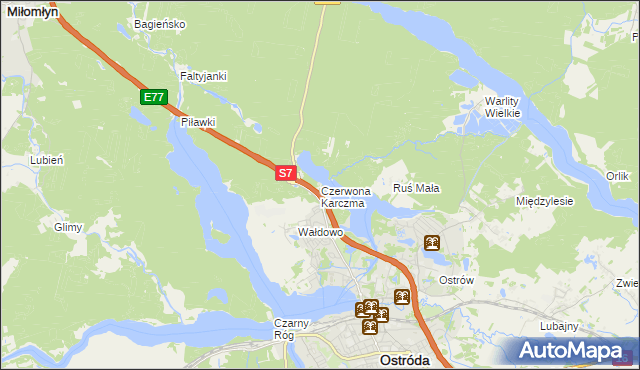 mapa Czerwona Karczma gmina Ostróda, Czerwona Karczma gmina Ostróda na mapie Targeo