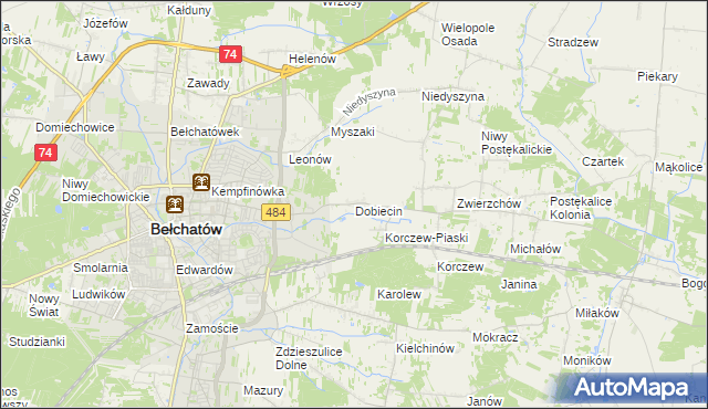 mapa Dobiecin gmina Bełchatów, Dobiecin gmina Bełchatów na mapie Targeo