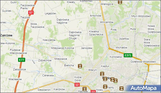 mapa Janiszew gmina Zakrzew, Janiszew gmina Zakrzew na mapie Targeo