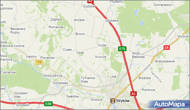 mapa Krucice gmina Stryków, Krucice gmina Stryków na mapie Targeo