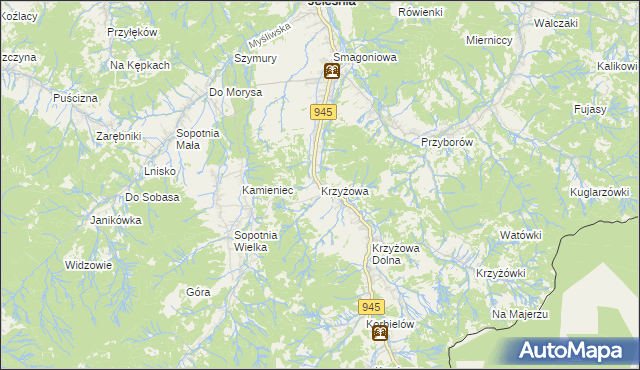 mapa Krzyżowa gmina Jeleśnia, Krzyżowa gmina Jeleśnia na mapie Targeo
