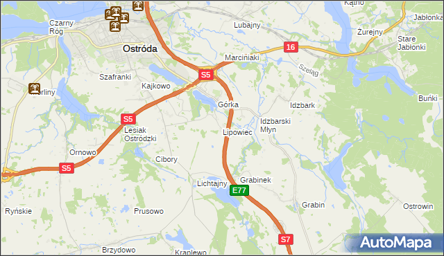 mapa Lipowiec gmina Ostróda, Lipowiec gmina Ostróda na mapie Targeo