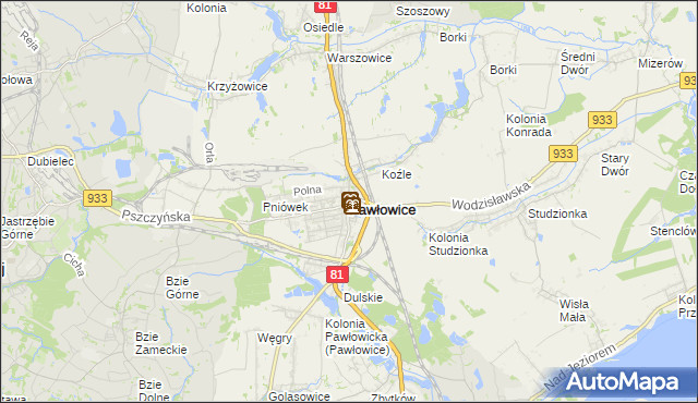 mapa Pawłowice powiat pszczyński, Pawłowice powiat pszczyński na mapie Targeo