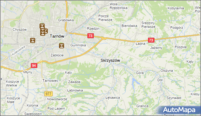 mapa Skrzyszów powiat tarnowski, Skrzyszów powiat tarnowski na mapie Targeo