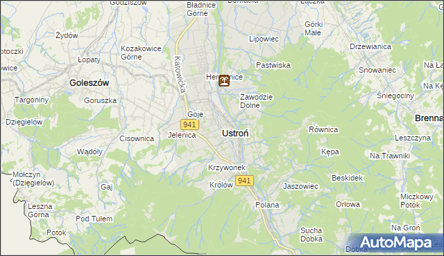 mapa Ustroń powiat cieszyński, Ustroń powiat cieszyński na mapie Targeo