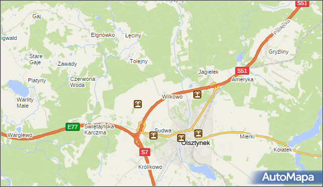 mapa Wilkowo gmina Olsztynek, Wilkowo gmina Olsztynek na mapie Targeo