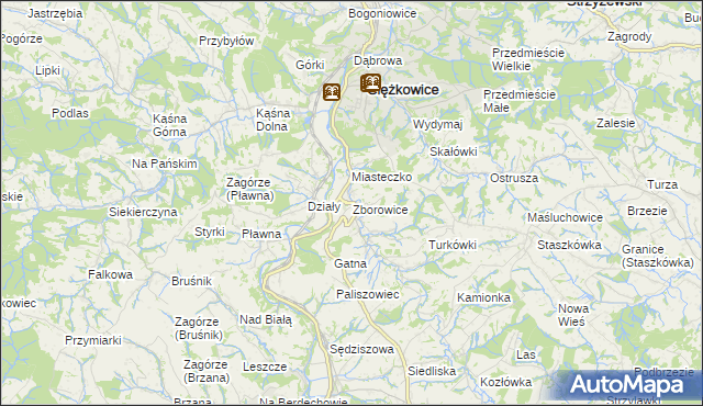 mapa Zborowice gmina Ciężkowice, Zborowice gmina Ciężkowice na mapie Targeo