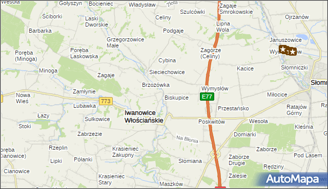 mapa Biskupice gmina Iwanowice, Biskupice gmina Iwanowice na mapie Targeo