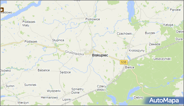 mapa Biskupiec powiat nowomiejski, Biskupiec powiat nowomiejski na mapie Targeo