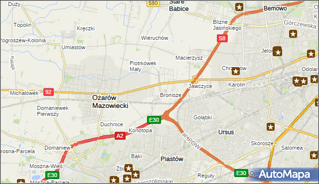 mapa Bronisze gmina Ożarów Mazowiecki, Bronisze gmina Ożarów Mazowiecki na mapie Targeo