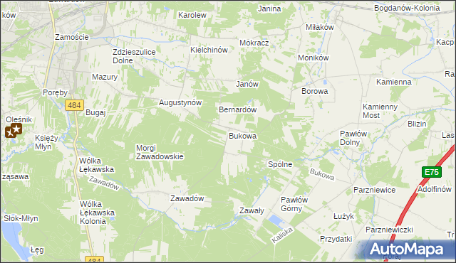 mapa Bukowa gmina Bełchatów, Bukowa gmina Bełchatów na mapie Targeo