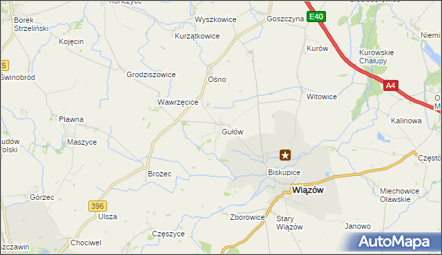mapa Gułów gmina Wiązów, Gułów gmina Wiązów na mapie Targeo