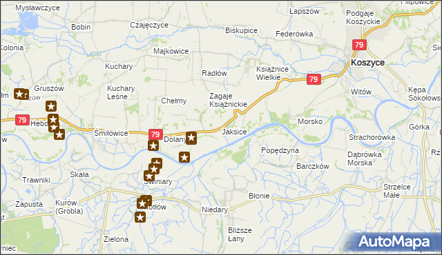 mapa Jaksice gmina Koszyce, Jaksice gmina Koszyce na mapie Targeo